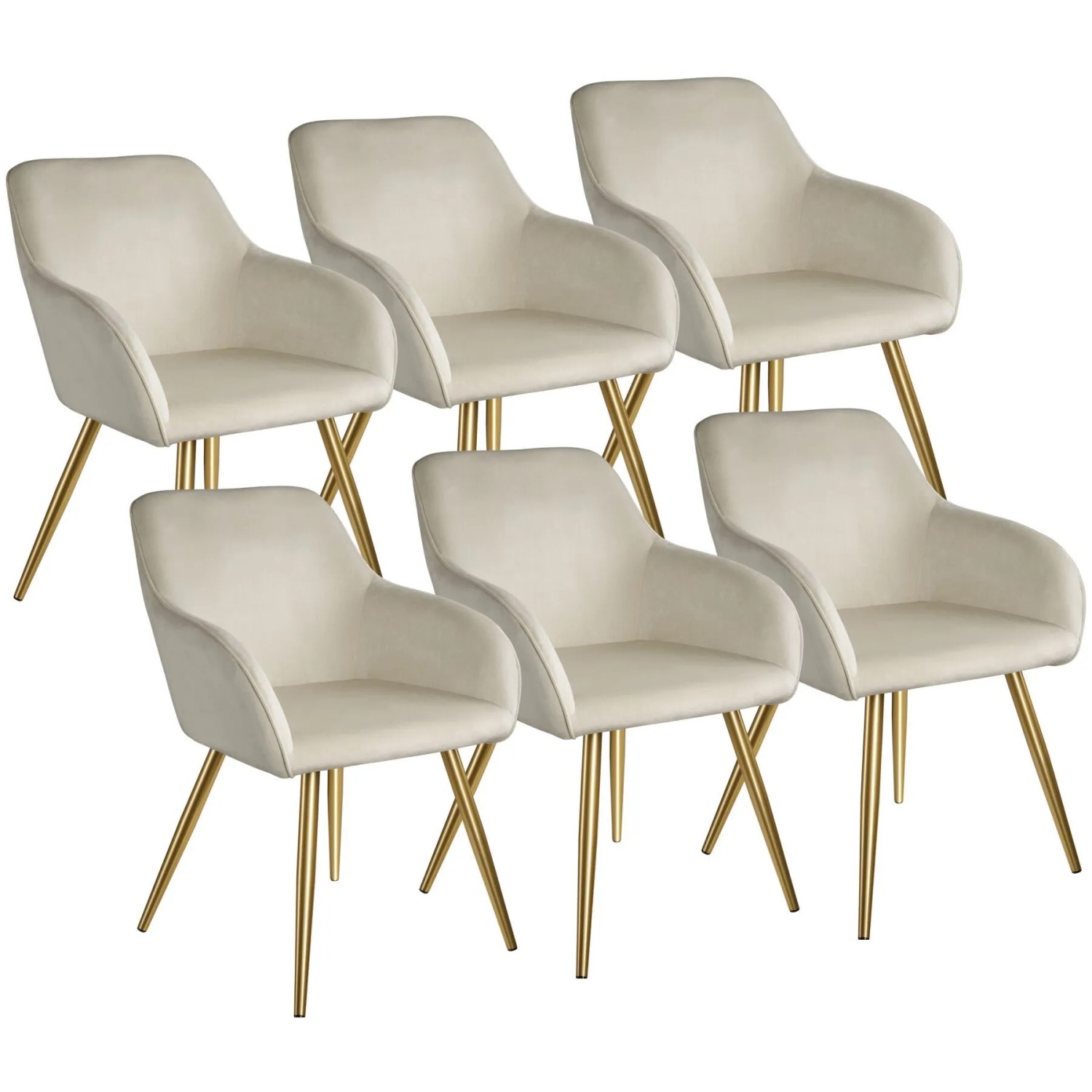 Tectake Esszimmerstuhl Marilyn Gepolstert  In Samtoptik Durchgehende Lehne 6Er Set 62 x 58 x 82 cm Creme Gold