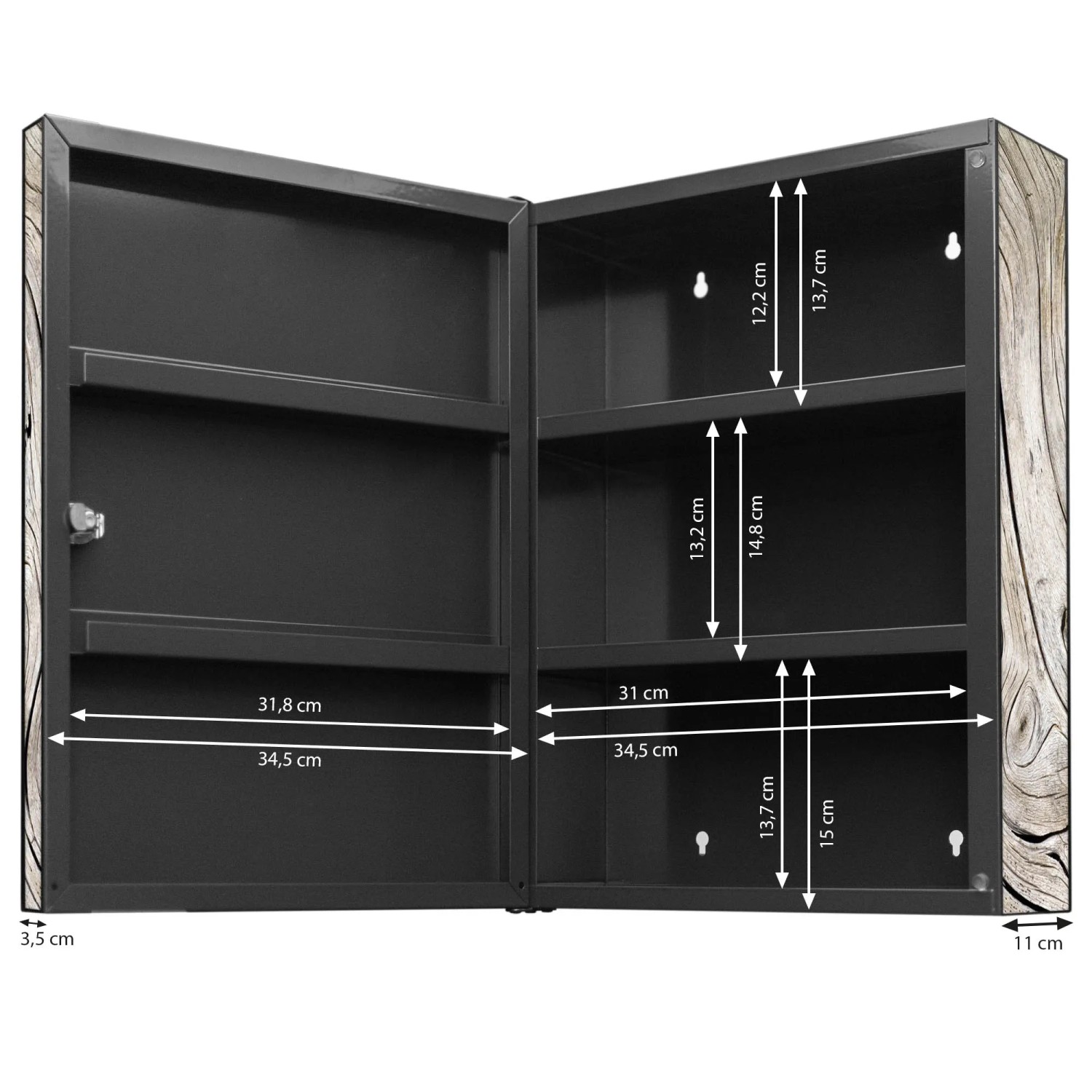 Offener, abschließbarer Banjado XXL Medizinschrank in Anthrazit mit Holzwirbel-Motiv, 35x46x15cm.