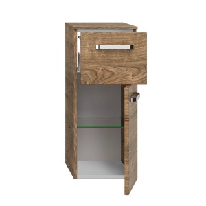Pelipal Bad-Highboard Serie 4010, Eiche Ribbeck quer, mit Schublade und Glastür geöffnet.