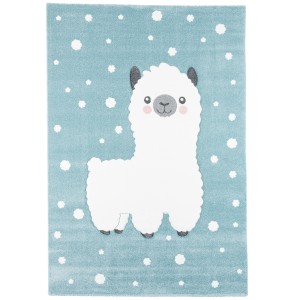 Kinderteppich mit Alpaka-Motiv in Pastellblau, 140x200 cm.