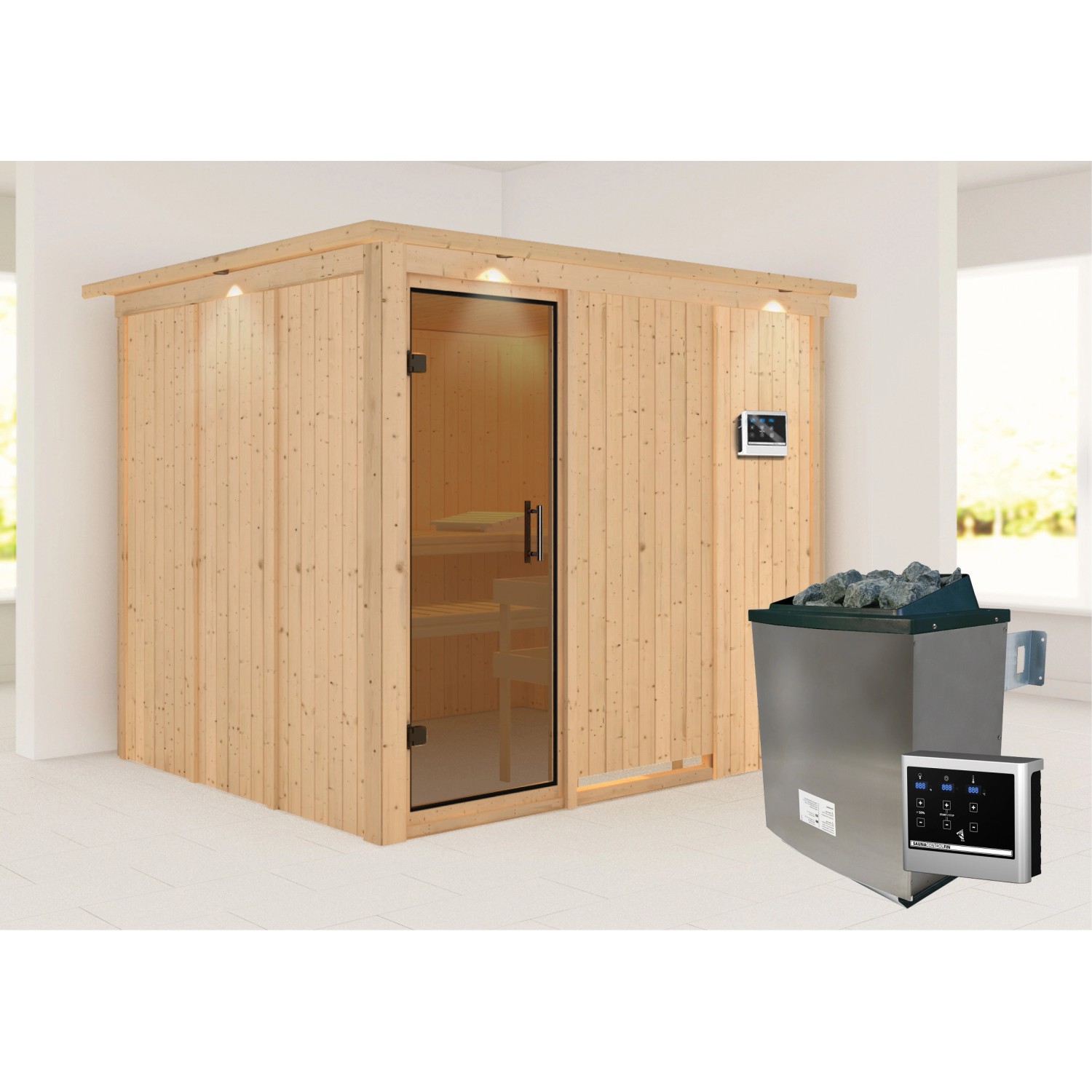 Karibu Sauna Gunda mit Ofen externe Stg.LED-Dachkranz Graph Natur