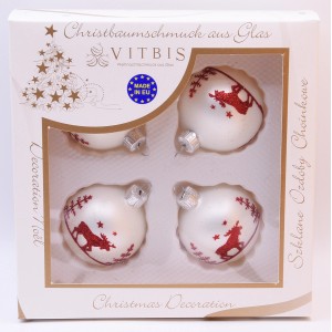 Vitbis Glas-Weihnachtskugeln, 4-teilig, weiß-rot, Ø 6cm, mit Dekor im Karton.