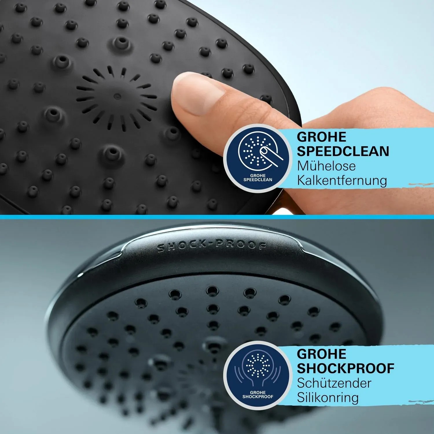 Grohe Vitalio Start Handbrause: Detailaufnahme der SpeedClean Funktion und des Shockproof Silikonrings.