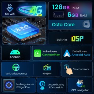 Junsun Autoradio Funktionen: Android, CarPlay, GPS, Bluetooth 5.0, Octa Core, 128GB ROM, 6GB RAM, Touchscreen, 5G WiFi.