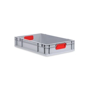 Graue PROREGAL Eurobox mit rotem Griff, 12x40x60 cm, als Aufbewahrungsbox.