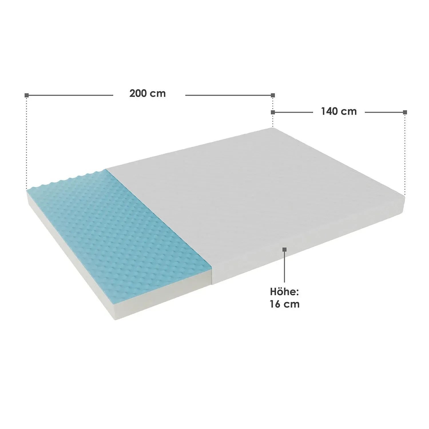 Juskys Kaltschaummatratze 140x200 cm, weiße Liegefläche, blaue Noppenstruktur, 16 cm hoch.