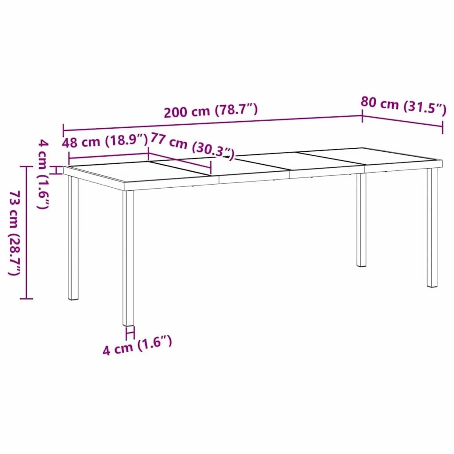 Maße des vidaXL Gartentisches: 200 cm lang, 80 cm breit, 73 cm hoch. Rechteckiger Esstisch.