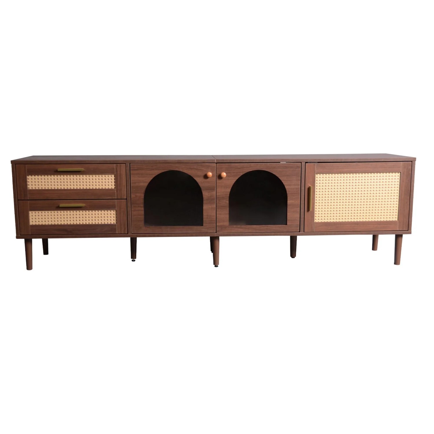 okwish TV Schrank mit Rattan Schubladen Glastüren LED 180x40x50cm Braun