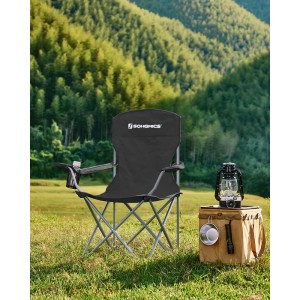 Songmics Campingstuhl Set, 2 faltbare, schwarze Stühle mit Getränkehalter im Outdoor-Einsatz.