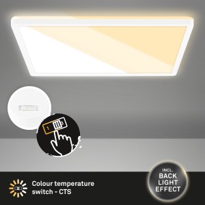 Weißes Brilo LED Panel Slim mit CTS Schalter und Backlight Effekt, 42x42 cm, für Deckenmontage.