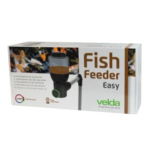 Verpackung des Velda Fish Feeder Easy. Automatischer Teichfutterspender mit 2,5L Behälter und Fischen.