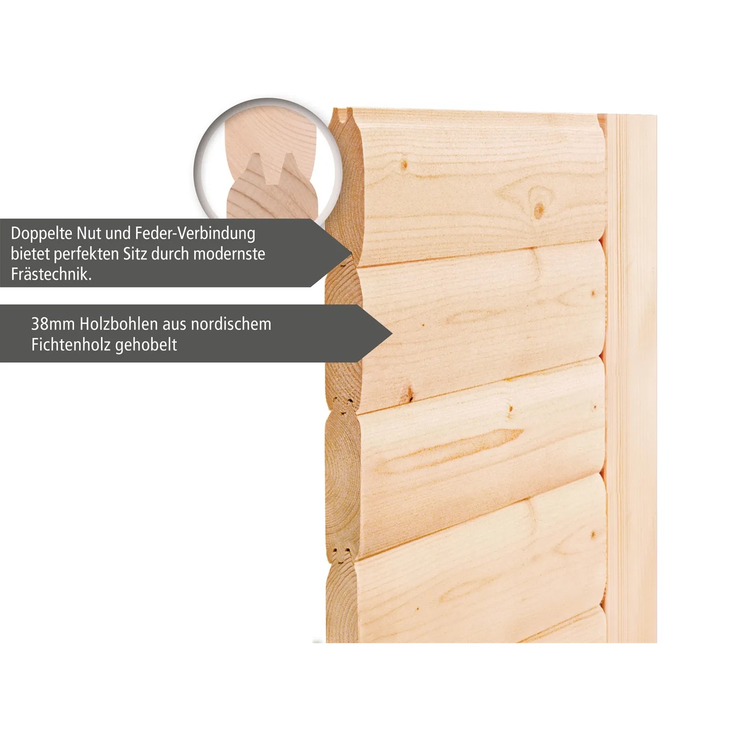 Detailaufnahme Karibu Sauna Elea: 38mm Blockbohlen aus Fichte mit Nut- und Federverbindung.