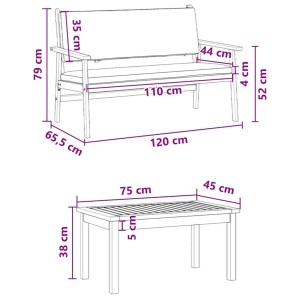 vidaXL Gartenmöbel Set, 2-teilig, braunes Akazienholz, mit Bank und Tisch, Maße eingezeichnet.