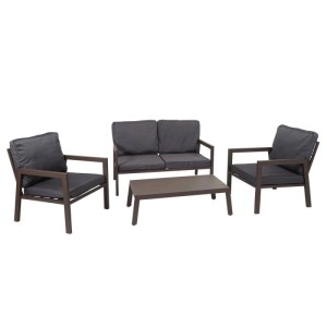 4-teilige graue Gartenmöbelgarnitur: 2 Sessel, 1 Sofa, 1 Tisch mit Polstern.