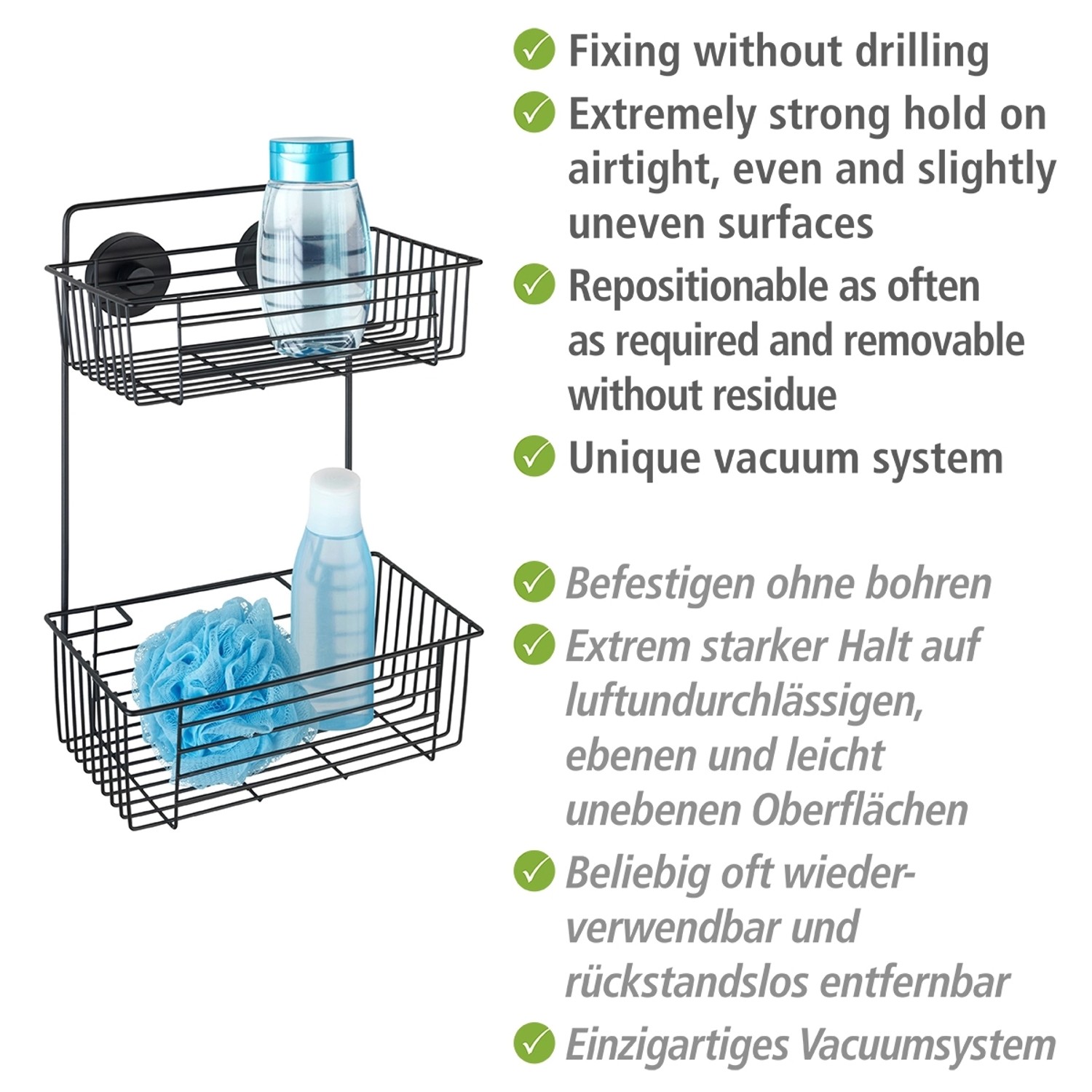 Schwarzes Wenko Wandregal Bari mit 2 Etagen und Vacuum-Loc Befestigungssystem zur Badaufbewahrung.