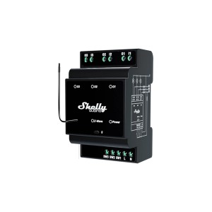 Schwarzes Shelly Relaismodul Pro 3 für Hausautomation, 3-Kanal, 48A, zur Montage auf DIN-Schiene.