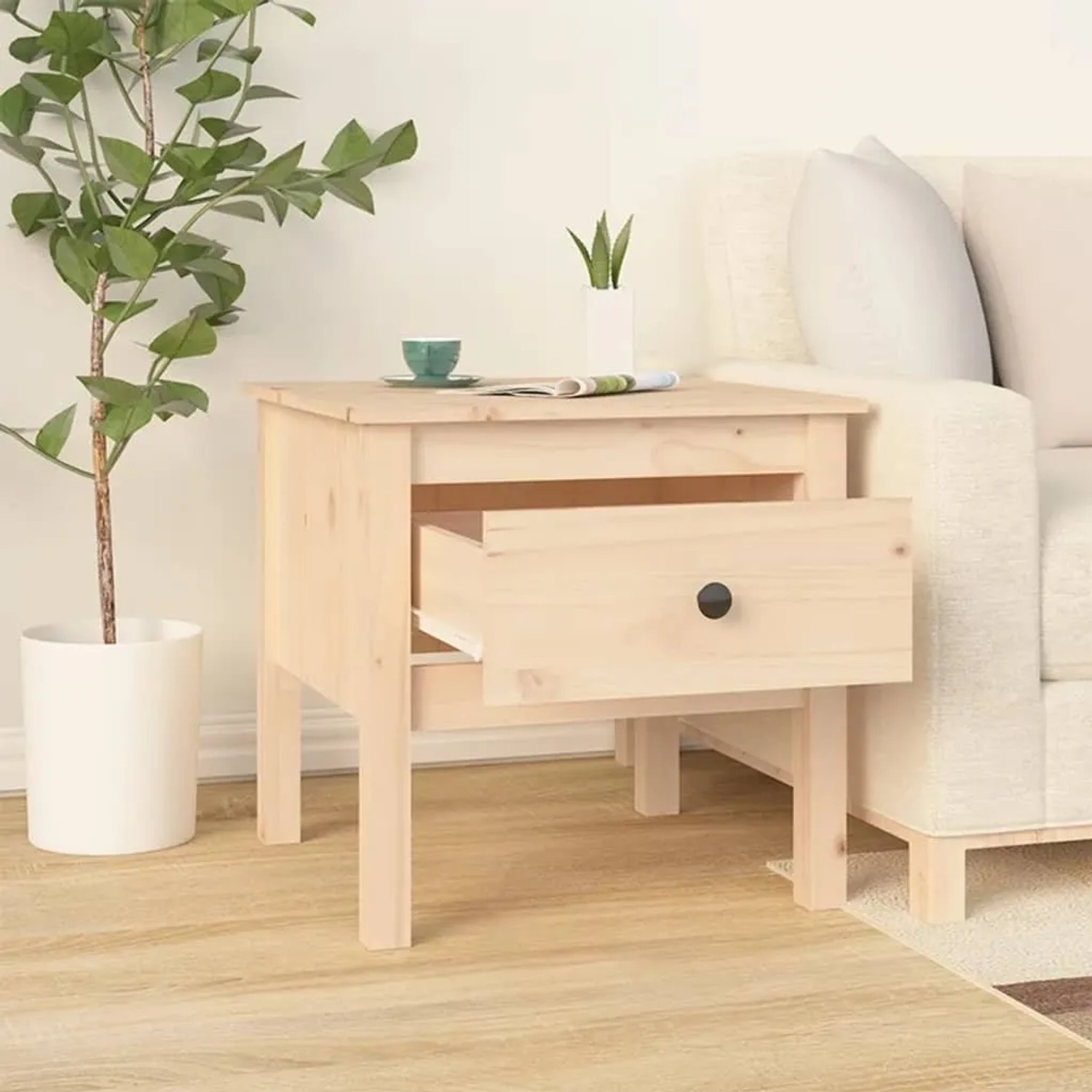 vidaXL Beistelltisch aus Kiefer massiv, 50x50x49 cm, mit offener Schublade. Ideal als Nachttisch.