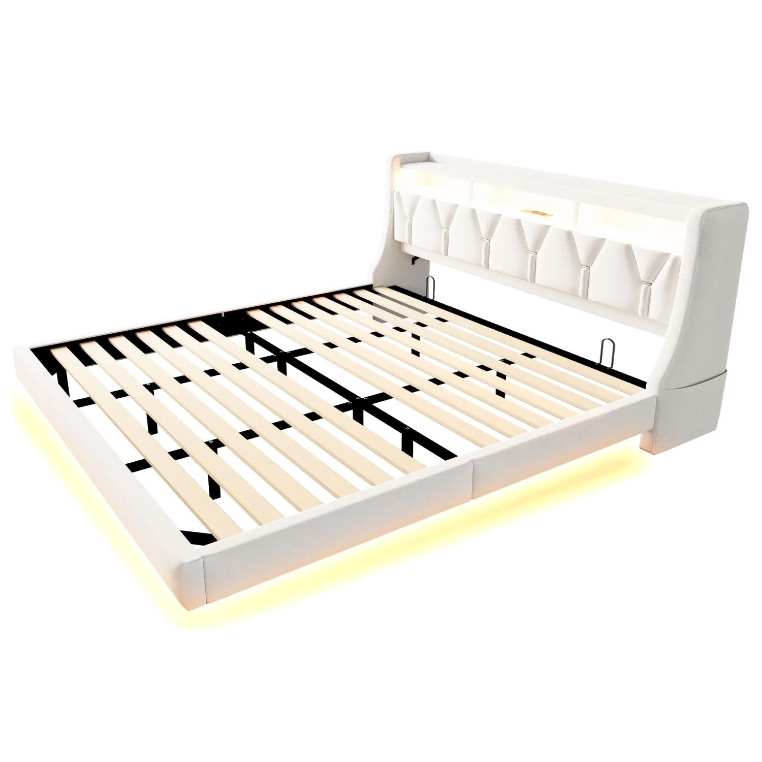 okwish Polsterbett 180x200cm mit LED Steckdose Ablage Schlafzimmer Beige ohne Matratze