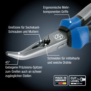 LUX Telefonzange Professional, 160mm, mit gebogenen Backen und Mehrkomponentengriffen für präzises Arbeiten.