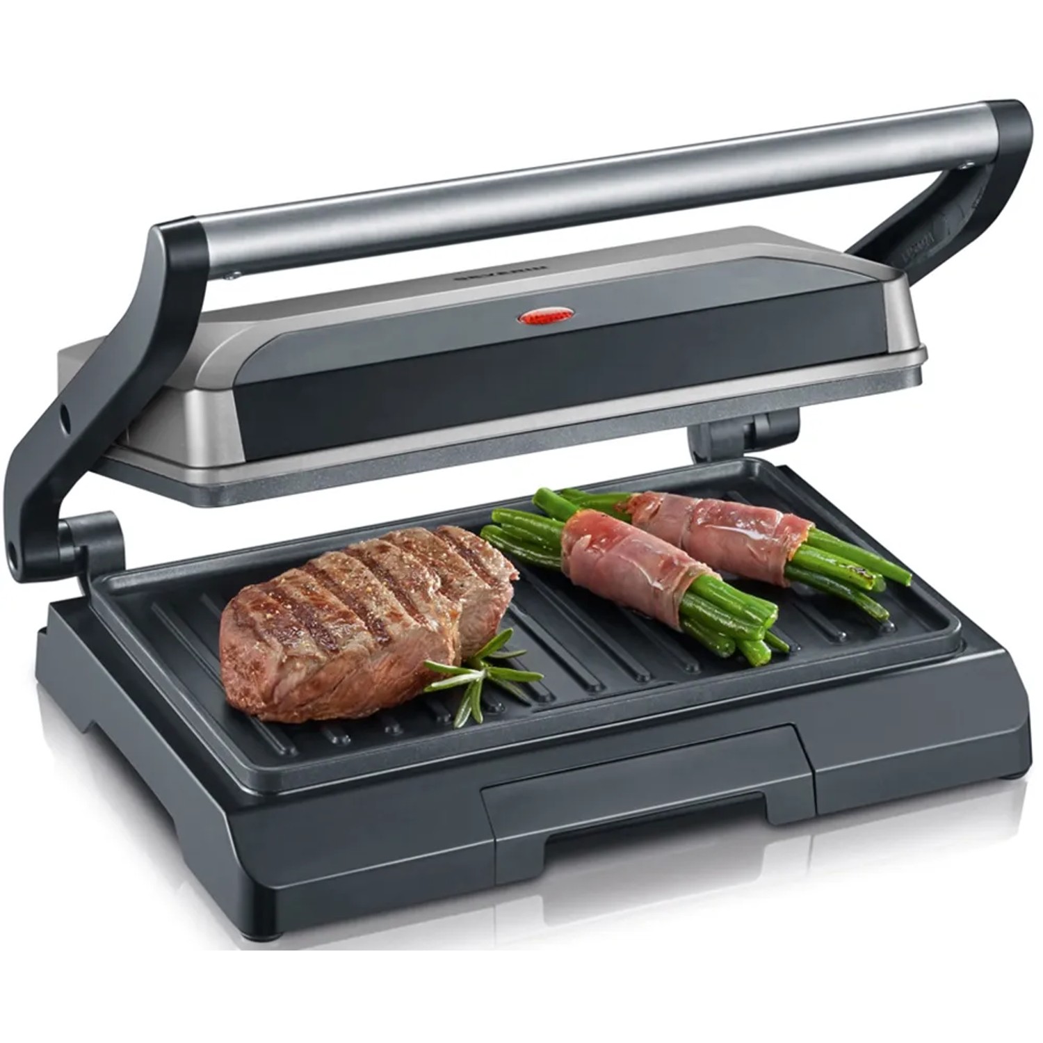 Severin Kompakt-Multigrill KG 2394 mit Steak und Gemüse auf Grillfläche.