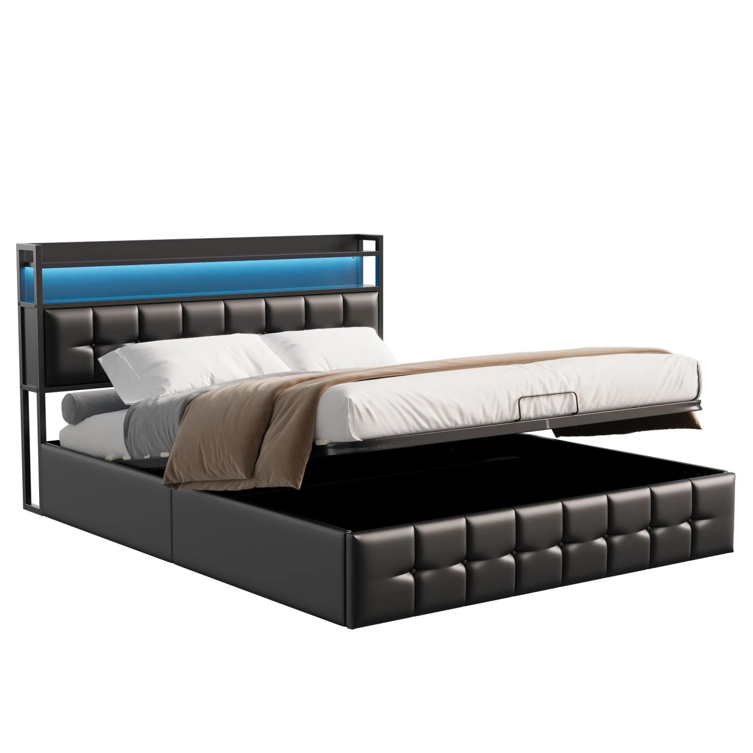 PXloue Bett Polsterbett mit  LED-Beleuchtung&Ladefunktion Schwarz 160x200cm