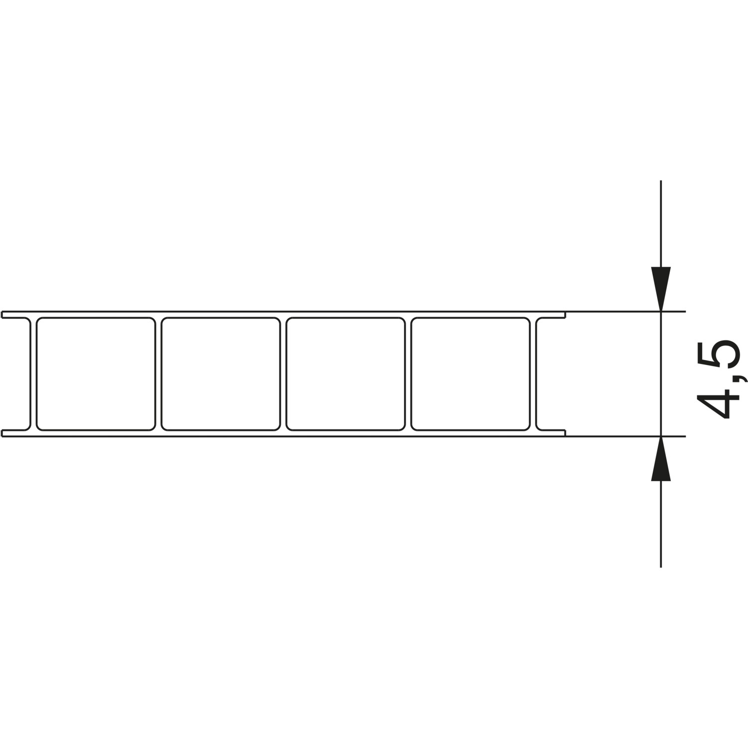 Querschnitt Hohlkammerplatte, transparent, 4,5 mm Stärke für Kunststoffbedachung.