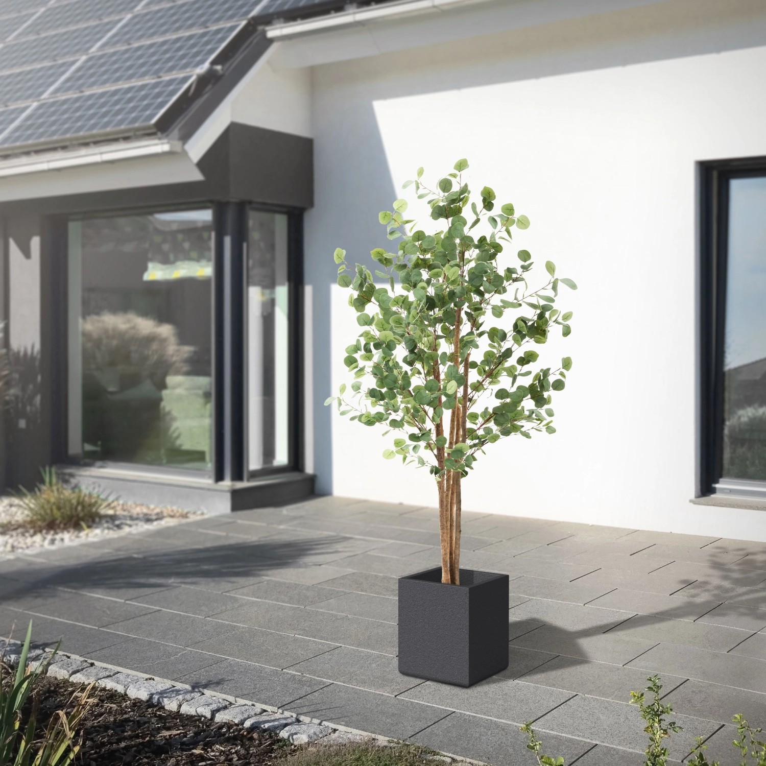 ML-Design künstlicher Eukalyptus, 180 cm, im Topf mit Naturholzstamm, für Innen- und Außenbereich.