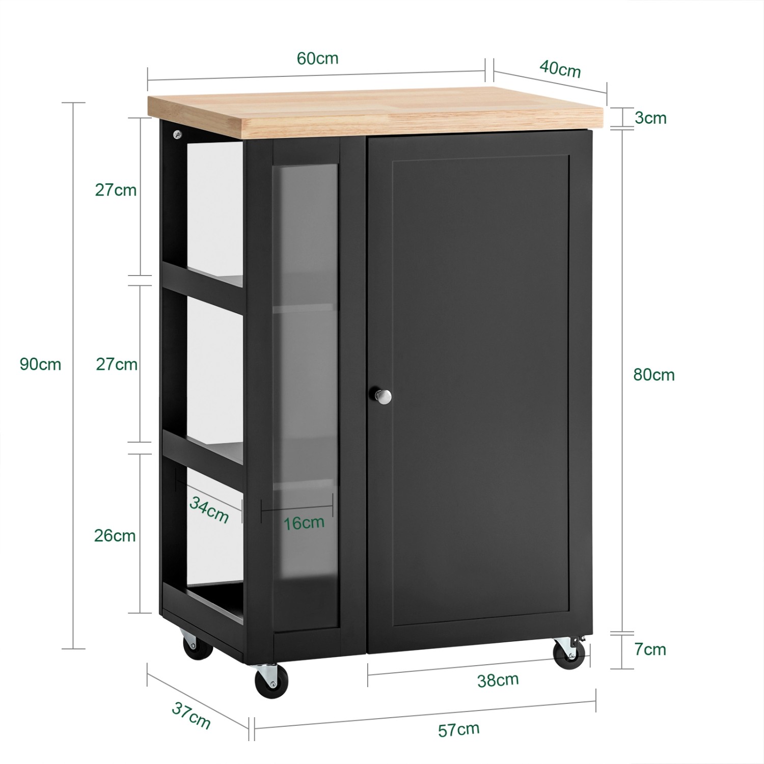 Schwarzer SoBuy Küchenwagen FKW75-SCH mit Tür und Holzplatte, ideal als Servierwagen und Rollcontainer.