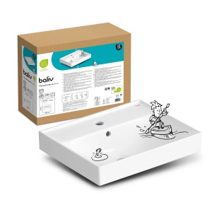 Weißes baliv Hampton Wand- & Aufsatzwaschtisch 50,5 cm mit Verpackung und Illustrationen.