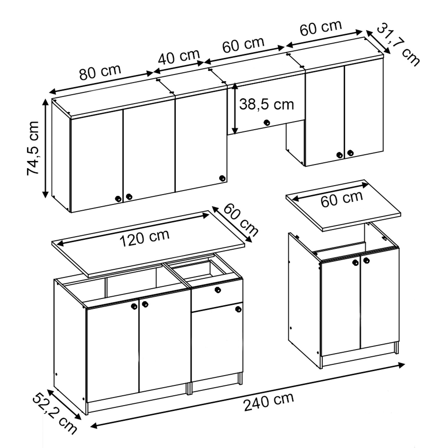 Skizze der weißen Vicco Bergamo Küchenzeile (240 cm) mit Eiche Arbeitsplatte und Maßangaben.
