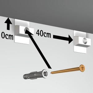 Montage des Artiteq Click Rail Bild-Aufhängesystems mit Dübel und Schraube an der Wand.