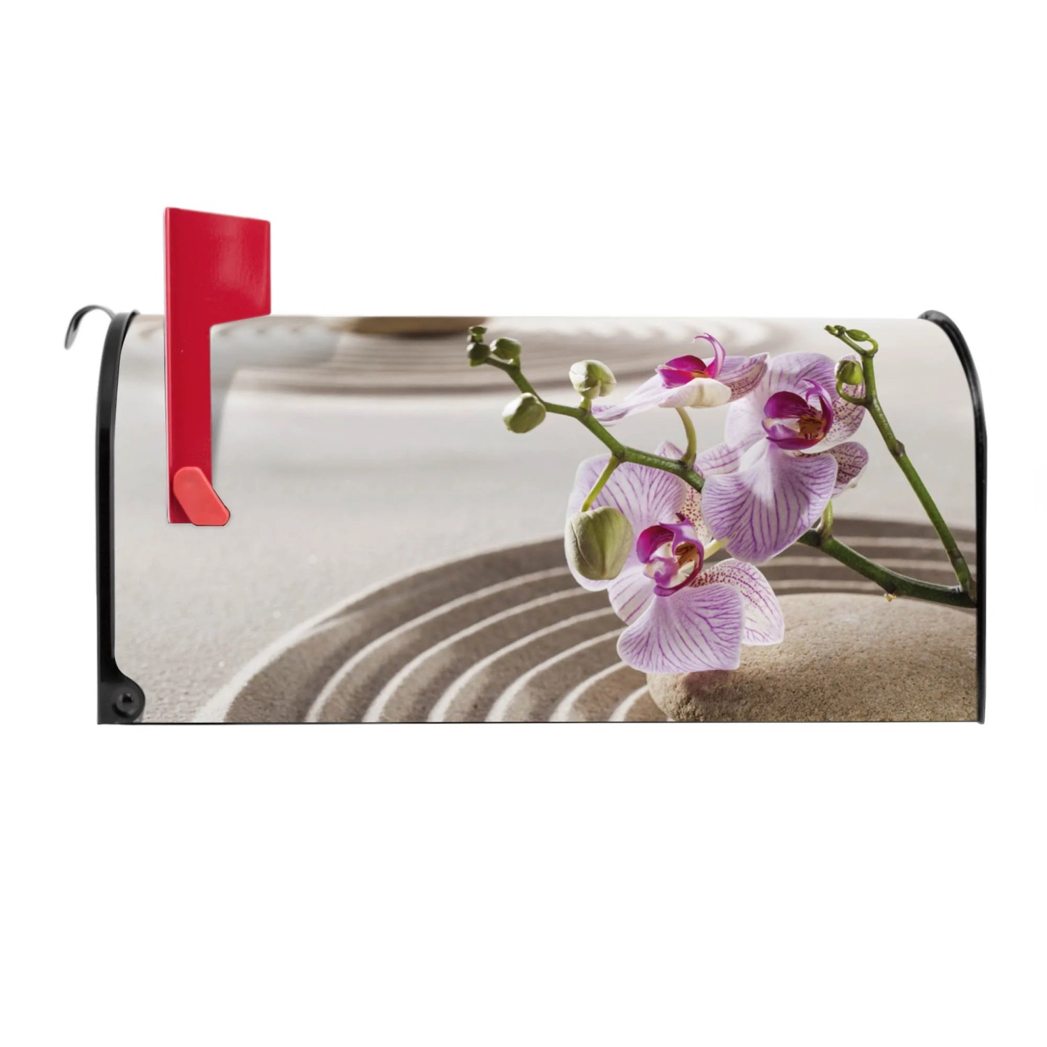 Schwarzer Banjado US Briefkasten mit Zen Relax Motiv (Orchidee) und roter Fahne.