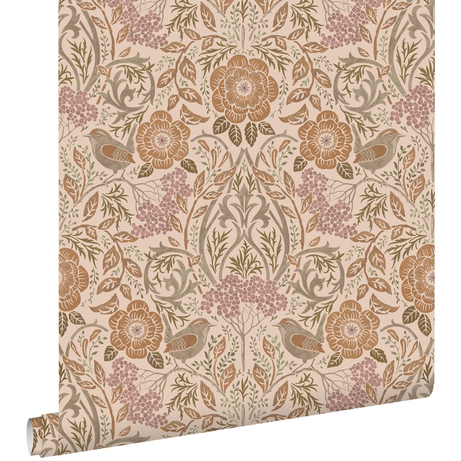 ESTAhome Tapete Blumen und Vögel im Jugendstil Beige Terrakotta und Altrosa günstig online kaufen