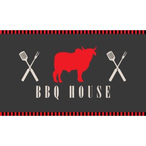 BBQ Matte BBQ House, 67x120 cm, mit rotem Bullen und Grillbesteck Motiv.