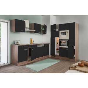 Respekta Küchenzeile KB370EYSMIGKE 370 cm, schwarz/Eiche York Nachbildung, mit E-Geräten.