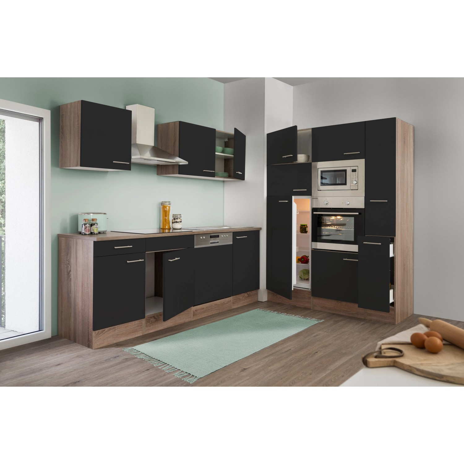 Respekta Küchenzeile KB370EYSMIGKE 370 cm, schwarz/Eiche York Nachbildung, mit E-Geräten.