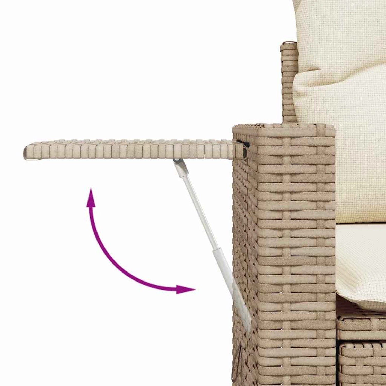 Detailaufnahme: Beige Poly Rattan Gartenmöbel-Set mit ausklappbarem Tisch.