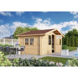 Imprägniertes Fjordholz Gartenhaus Modell David 34 mit Doppeltür und Fenster.