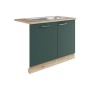 OPTIFIT Savona405 Spülenschrank-Set in Steingrün mit Edelstahlspüle und Arbeitsplatte in Wildeiche.