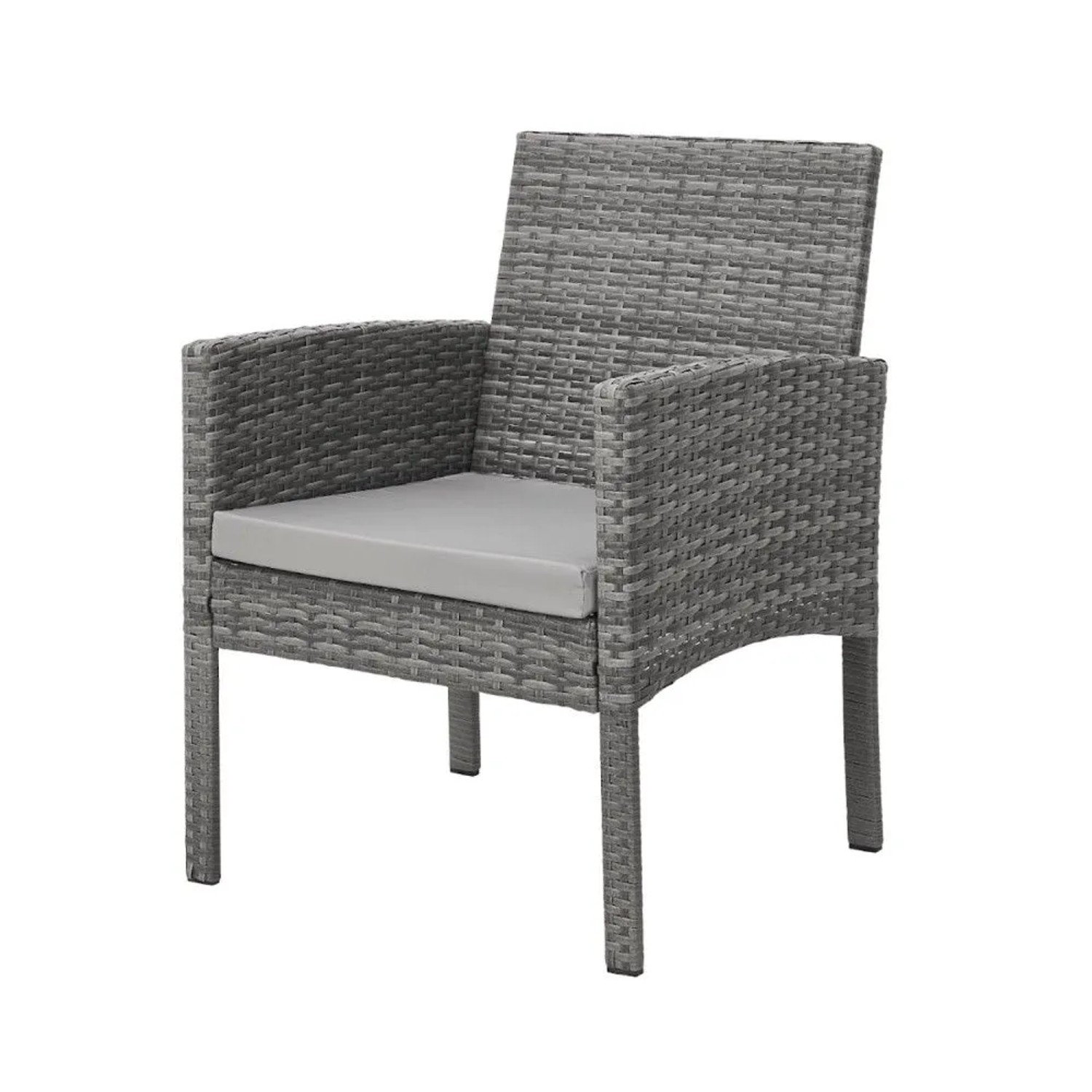 Grauer Polyrattan Gartenstuhl mit Armlehnen und hellem Sitzkissen. Svita Brooklyn XL Gartenmöbel.