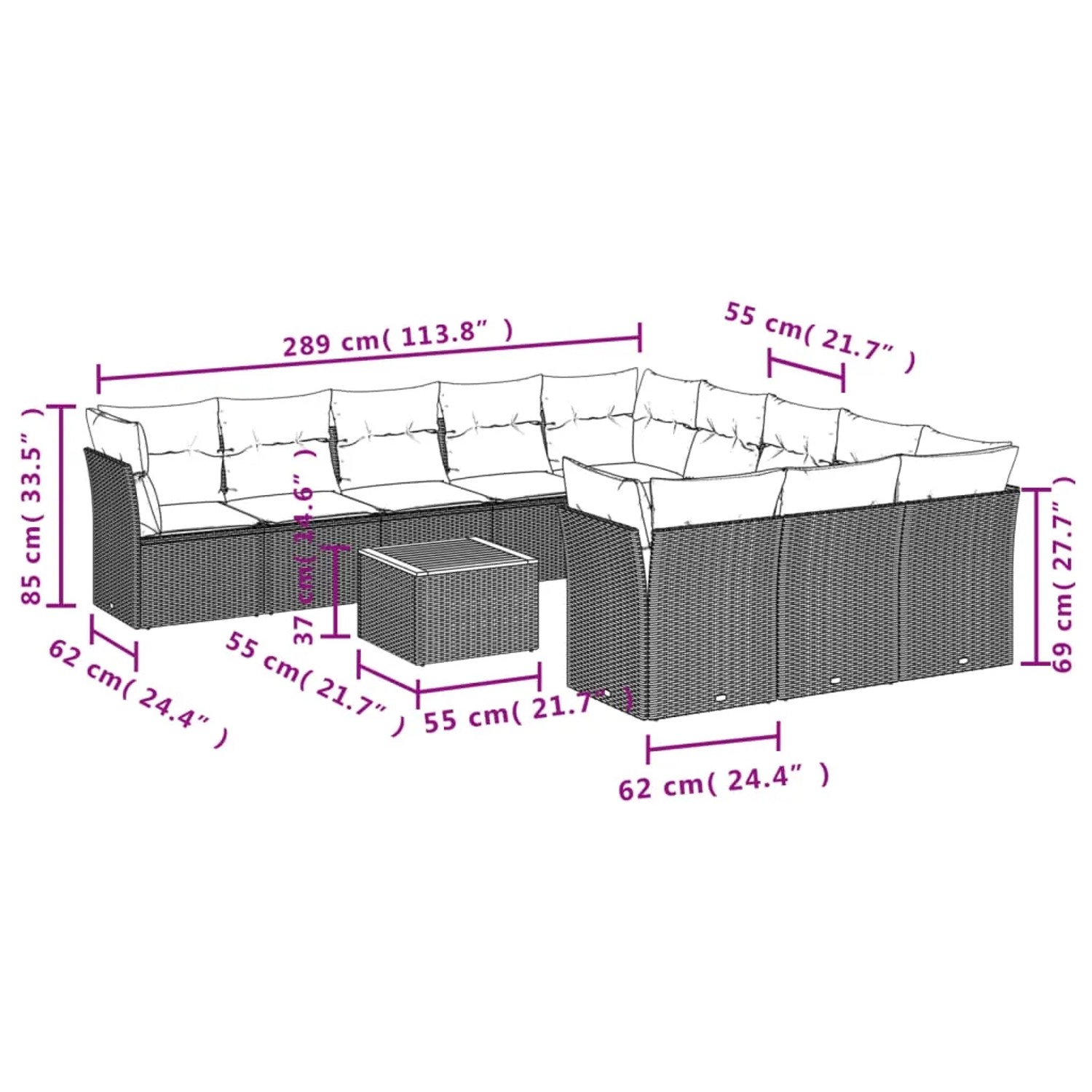 vidaXL Garten-Sofagarnitur, 12-teilig, grau, Poly Rattan mit Maßen. Gartenmöbel Set mit Tisch und Kissen.