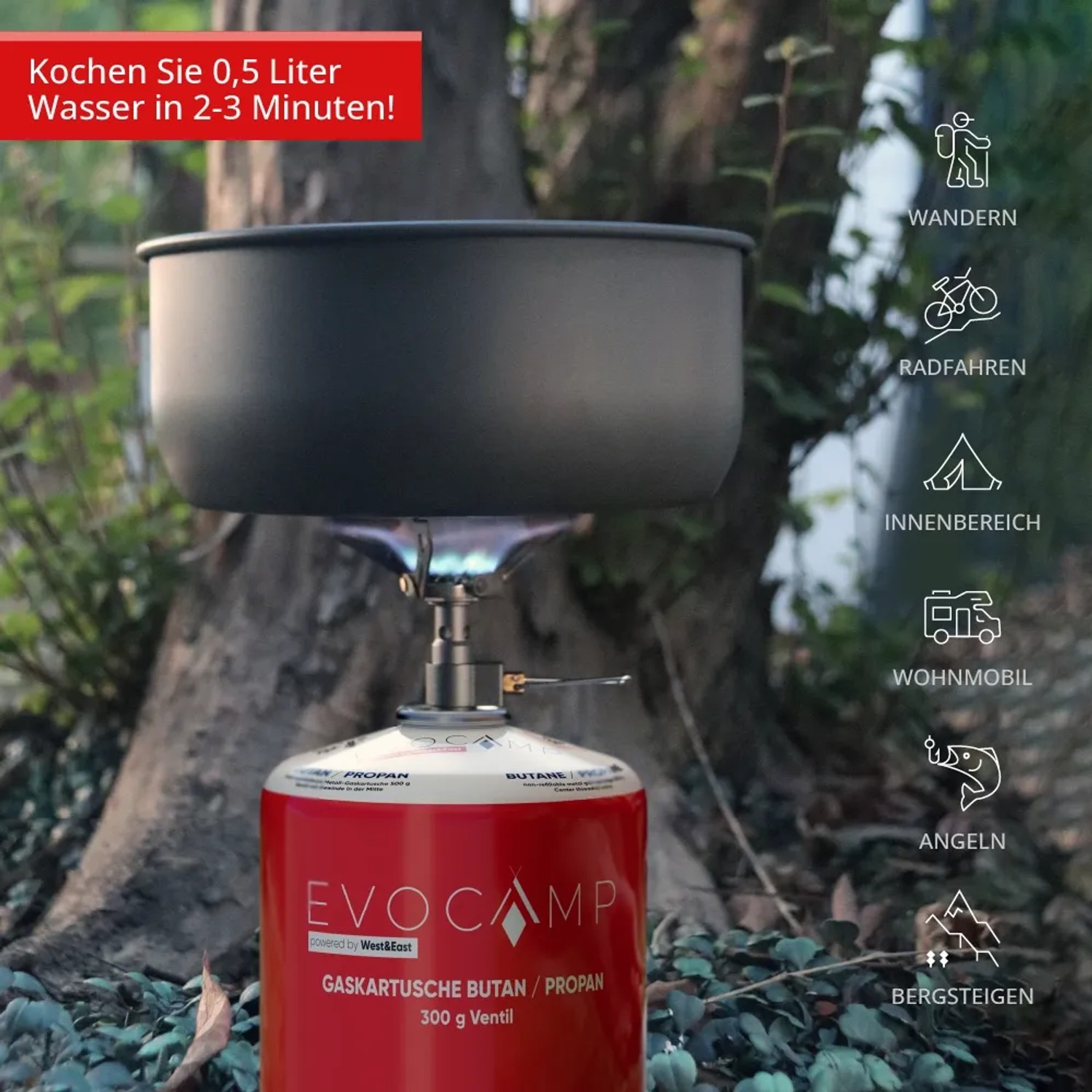 Evocamp Gaskartusche mit Kochtopf beim Camping. Butan/Propan Gemisch für Campingkocher und Gasgrills.