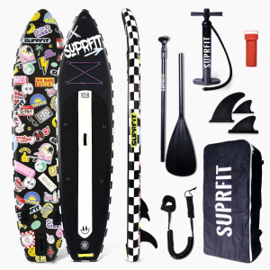Suprfit Stand-Up Paddling Board Stickers Black 10'8 Set. Aufblasbares SUP Board mit Pumpe, Paddel, Finnen, Rucksack.