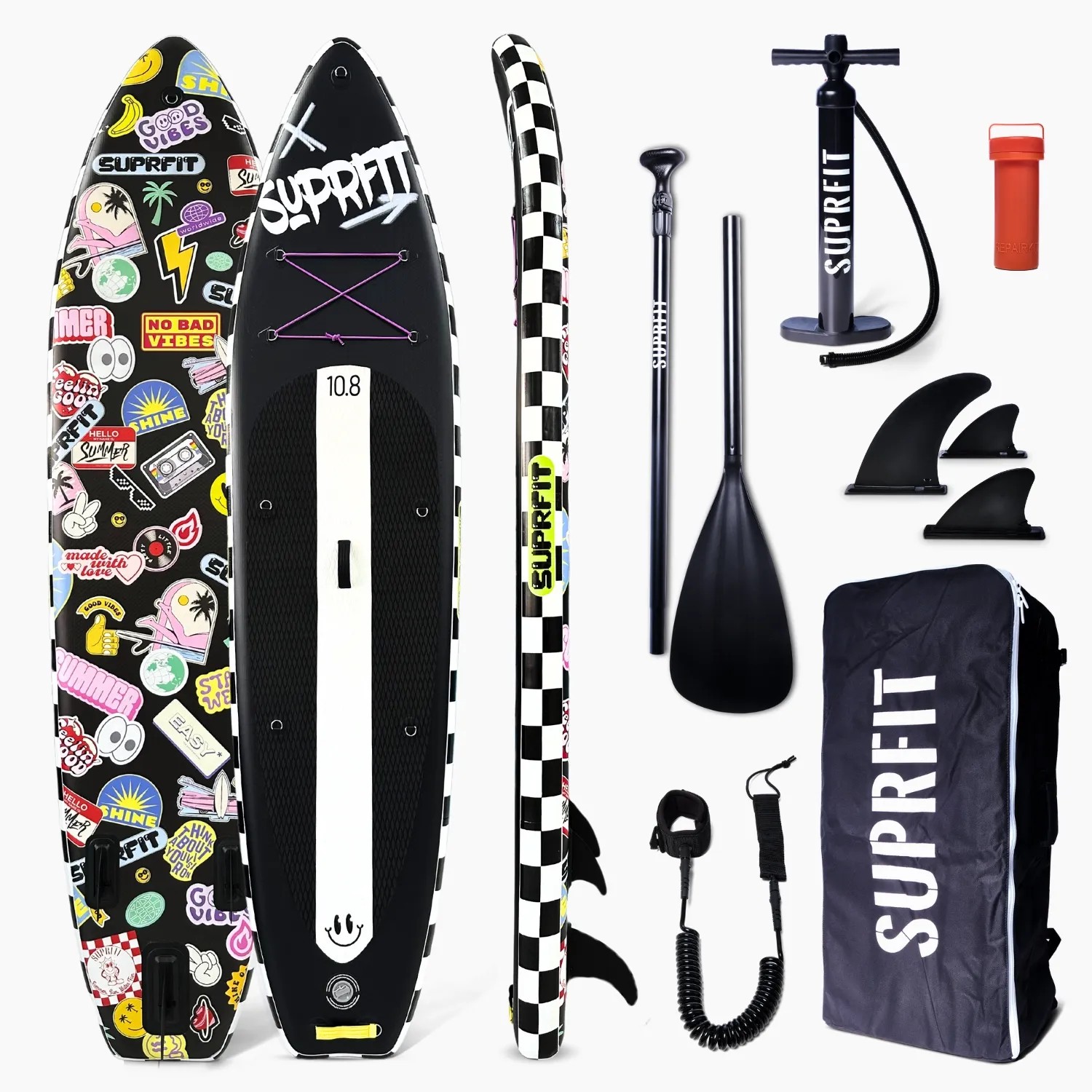 Suprfit Stand-Up Paddling Board Stickers Black 10'8 Set. Aufblasbares SUP Board mit Pumpe, Paddel, Finnen, Rucksack.