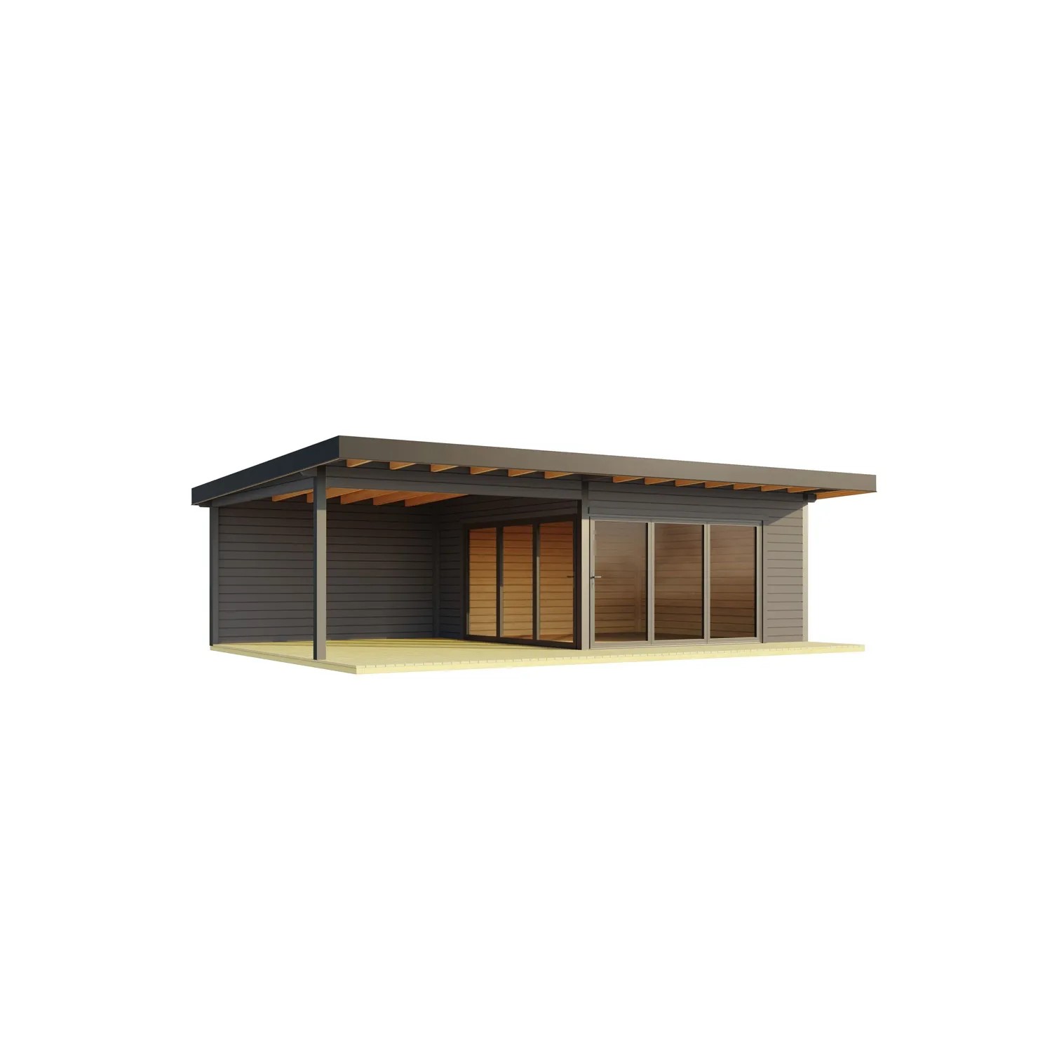 Carbongraues Lasita Maja Ferienhaus Domeo 10 mit Anbau und Pultdach.