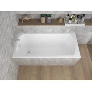 Weiße rechteckige Acryl-Badewanne CLASSIC 180x80 im modernen Bad mit Armatur und Ablauf.