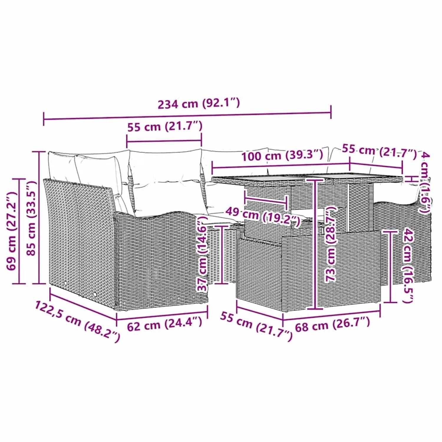 vidaXL Gartenmöbel-Set, 7-teilig, schwarz, Poly Rattan, mit Maßen für Sofa, Sessel und Tisch.