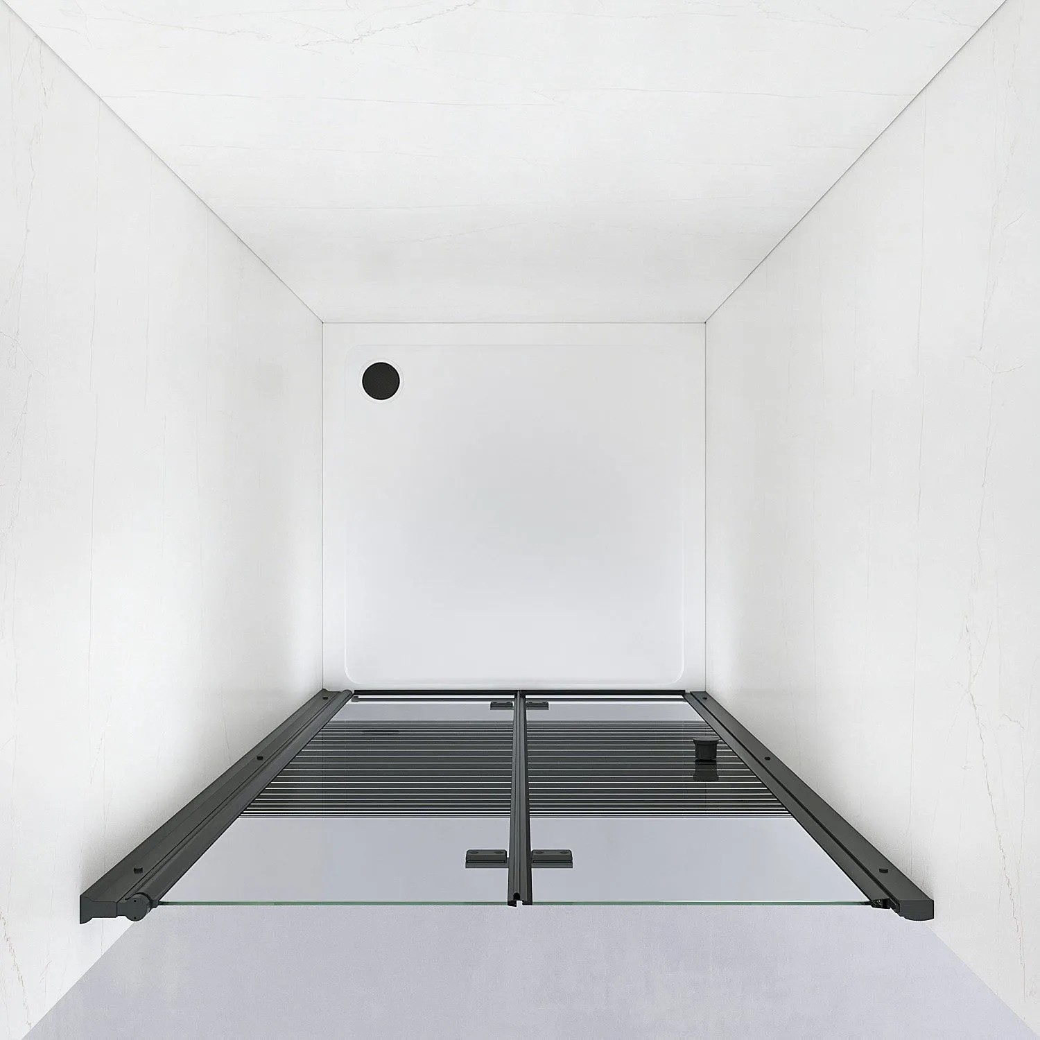 Aquabatos Dusch-Falttür 70x187 cm mit 5mm ESG Glas, schwarzen Streifen und matt schwarzen Profilen in weißer Duschkabine. Ideal für kleine Bäder.