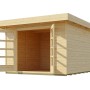 WEKA Designhaus 126 aus Naturholz, 295x301 cm, mit geöffneten Doppeltüren. Holz-Gartenhaus.