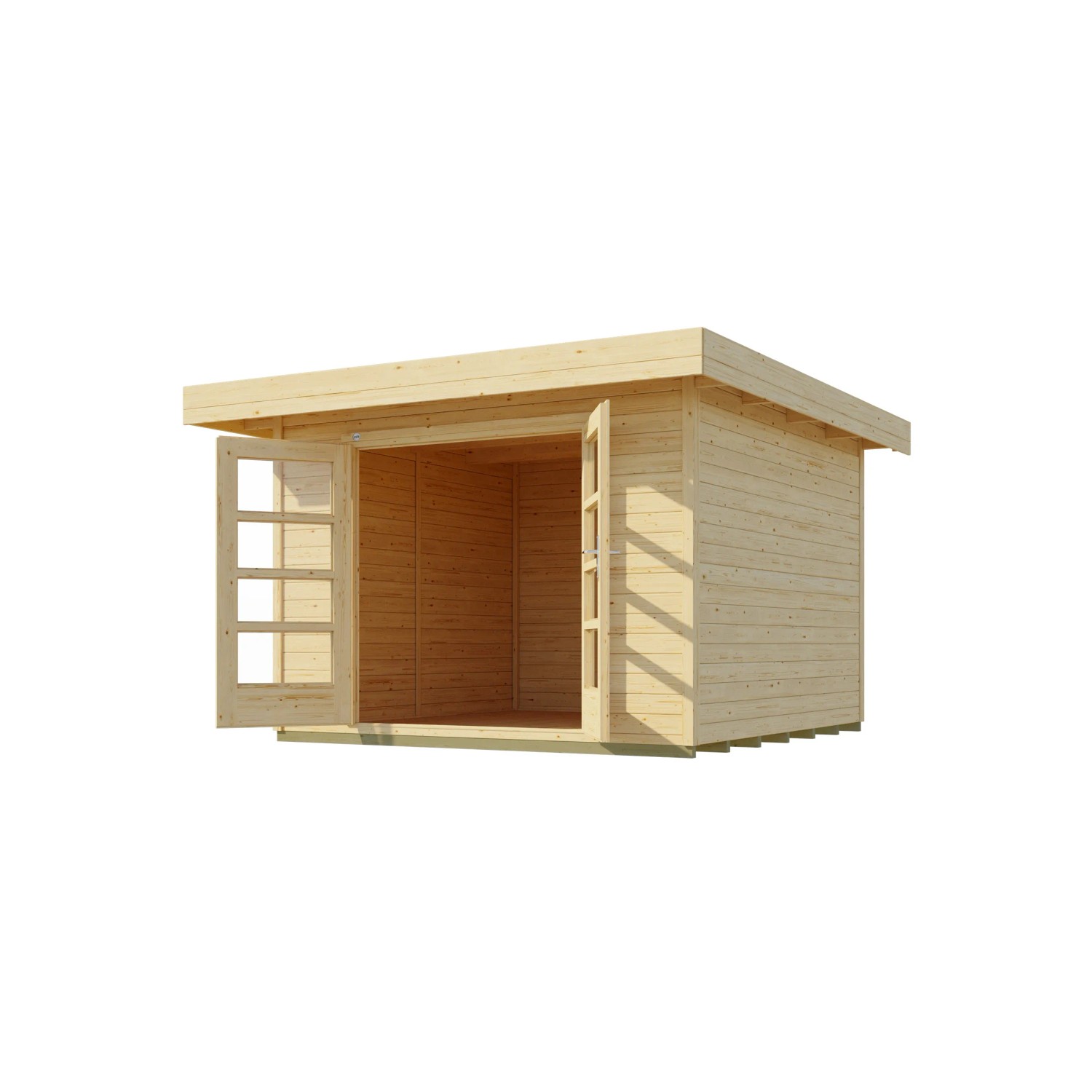 WEKA Designhaus 126 aus Naturholz, 295x301 cm, mit geöffneten Doppeltüren. Holz-Gartenhaus.